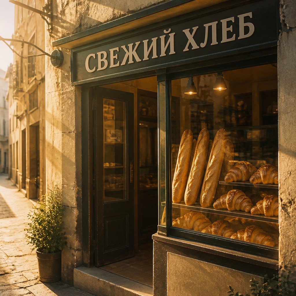 Пекарня после правки в Grok: вывеска «Свежий хлеб»