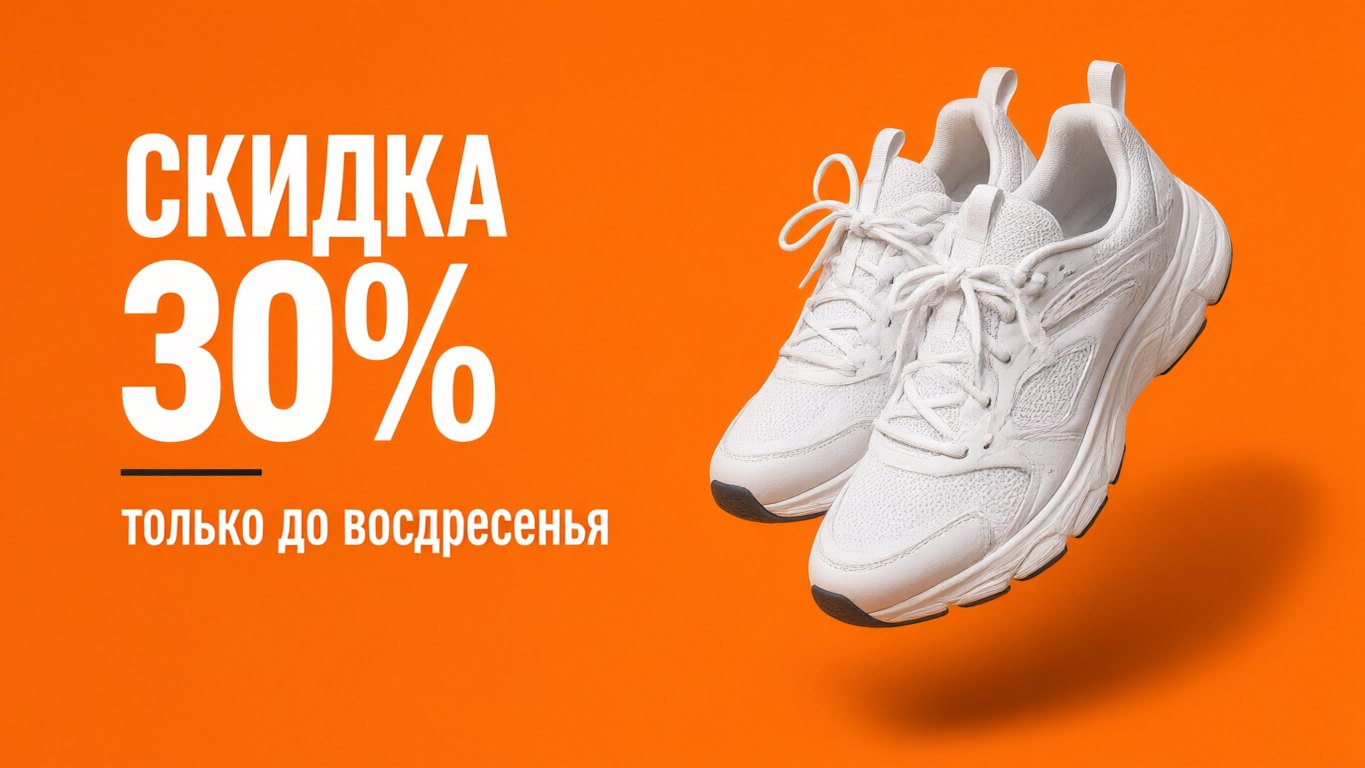 Рекламный баннер Qwen Image: кроссовки и надпись &laquo;Скидка 30%&raquo;
