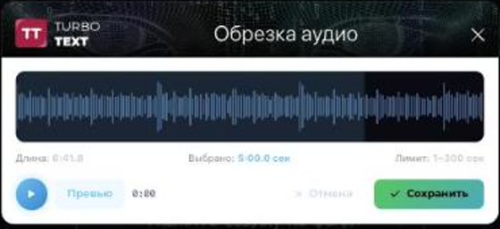 Окно обрезки аудио: выбор фрагмента длиной до 5 минут для расшифровки