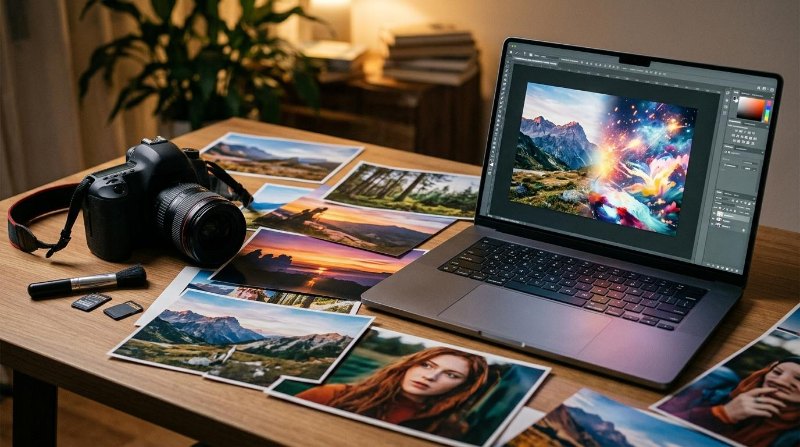Фотографии, фотоаппарат и ноутбук – промпт по картинке в TurboText, изображение создано в Nano Banana