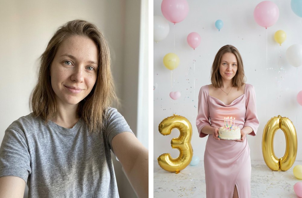 Промт на день рождения девушке: исходное фото и результат с шарами-цифрами и тортом