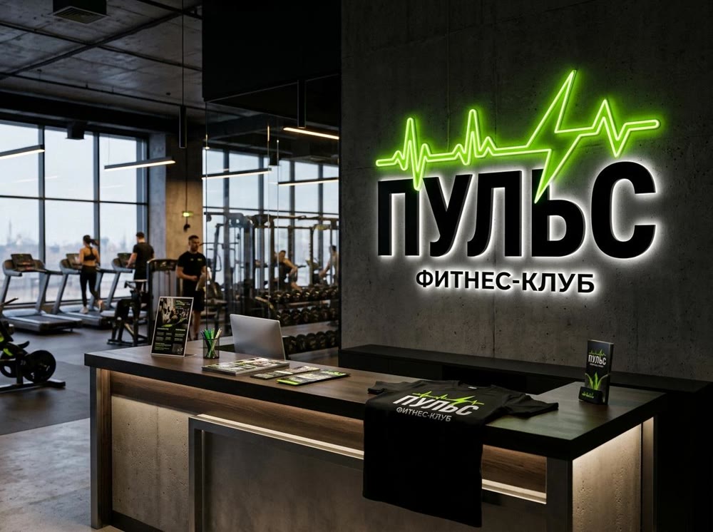 Логотип фитнес-клуба на неоновой вывеске и футболке &ndash; макет в Nano Banana